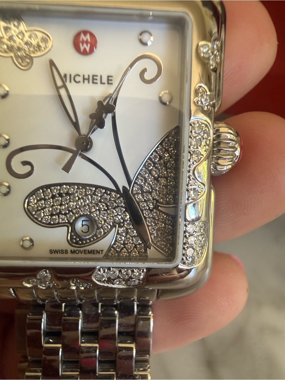 Michele Silver Stainless Steel Butterfly Diamond Accent Watch - White Dial - Picture 10 of 14